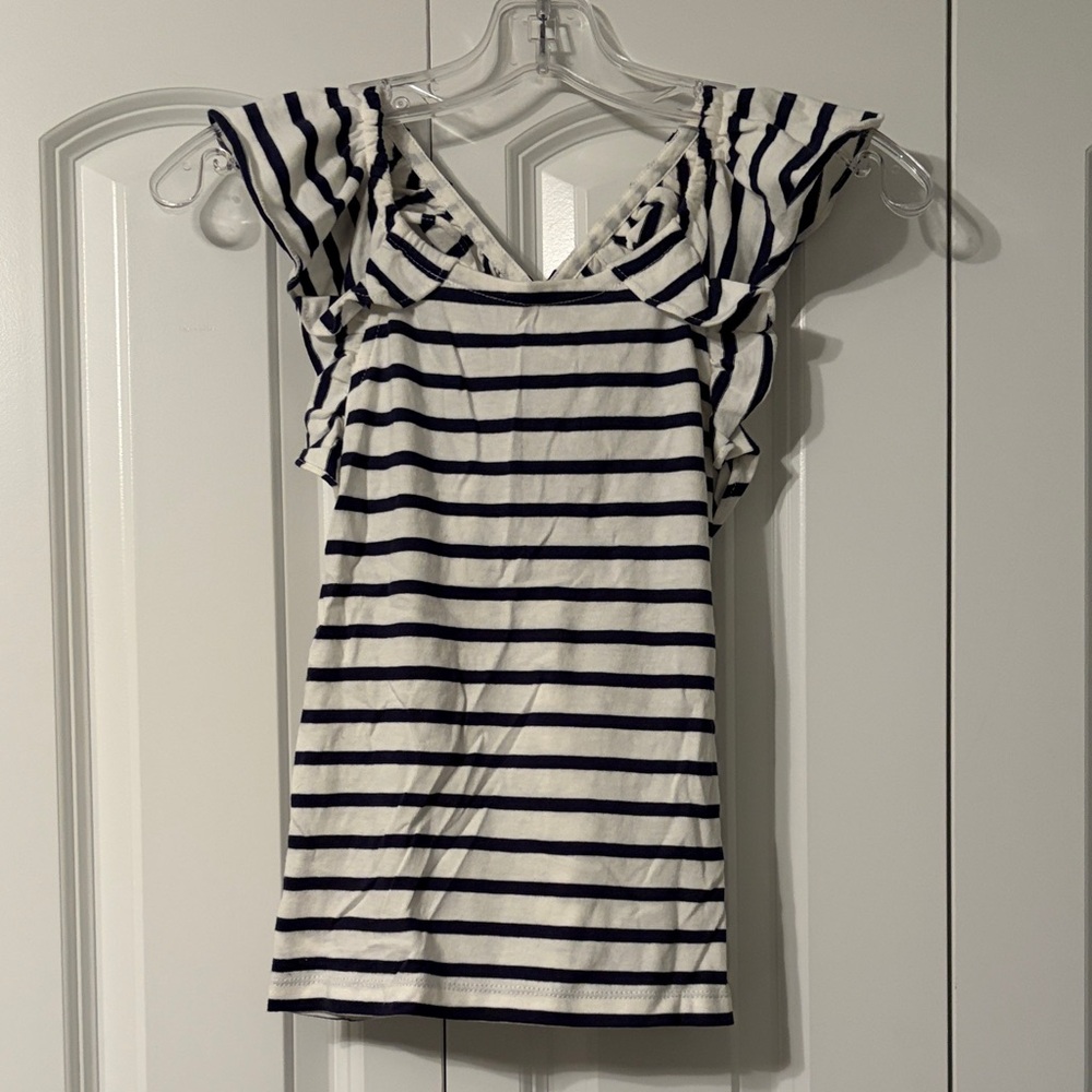 NWT J. Crew Girls White and Navy Striped Ruffle Sleeve Top